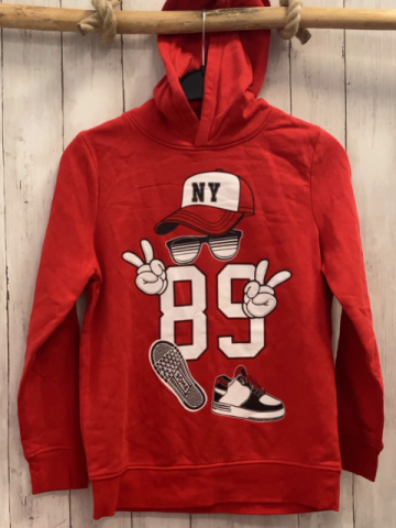   Pullover  Gr. 152  rot Kapuze Kappe Brille Schiuhe Schläger Zahl 