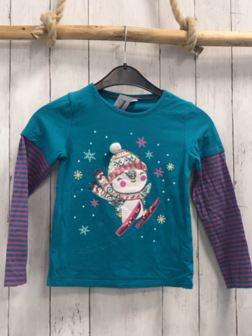  Langarmshirt Gr. 122  petrol pink gestreifte Ärmel Pinguin