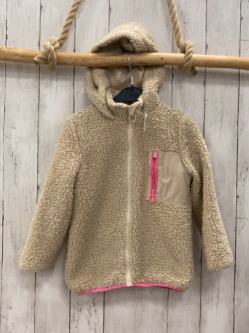   Teddyjacke  Gr. 116  beige Kapuze pink Bund + Reißverschluss 