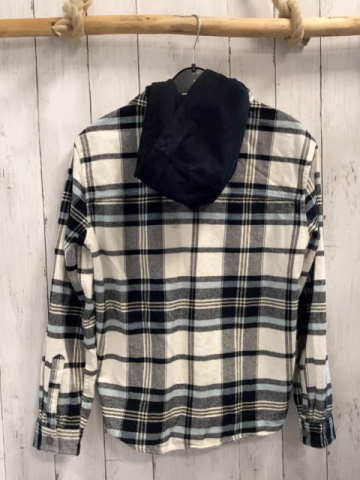   Hemd  Gr. 152  weiß schwarz hellblau gelb kariert schwarze Kapuze 