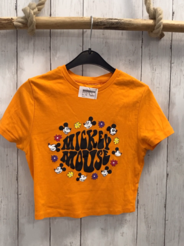   T-Shirt Gr. 116  orange schwarze Schrift Micky Mouse Köpfe Blumen 