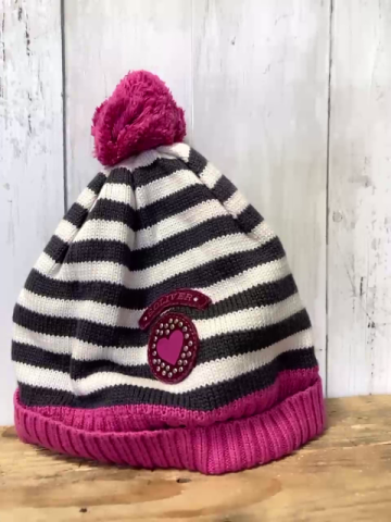 S´ Oliver  Mütze Gr. 51/53  grau weiße Streifen pink Bund + Bommel Strick