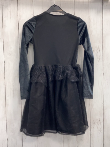  Karnevalkostüm  Gr. 128  schwarzes Kleid mit glänzenden Knochen + Tüllüberrock silber Glitzerpunkte 