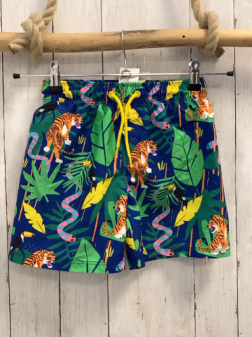 H&M Badeshorts Gr. 134  blau grüne Blätter Tiger Schlangen Kordel
