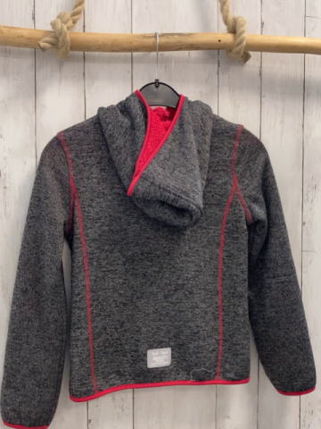   Strickjacke  Gr. 134/140  grau hellgrau meliert roter Bund + Nähte Kapuze 