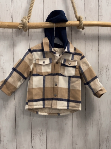   Hemdjacke  Gr. 86  creme sand blau kariert blaue Kapuze 