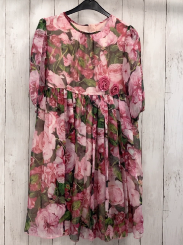   Kleid  Gr. 140  zweilagig rosa weinrote Blumen grün hellgrüne Blätter 