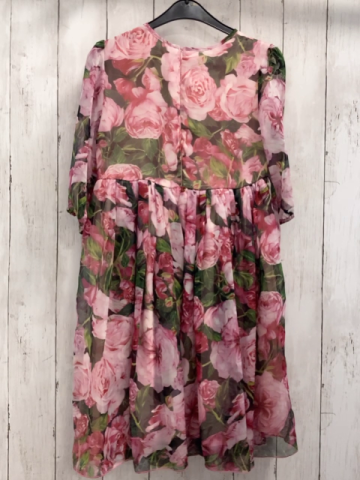  Kleid  Gr. 140  zweilagig rosa weinrote Blumen grün hellgrüne Blätter 