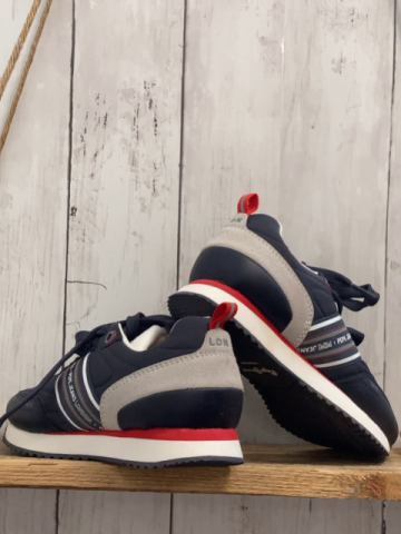 Pepe Jeans  Schuhe  Gr. 33  blau + weiß grau rote Streifen weiße Schrift  Sohle