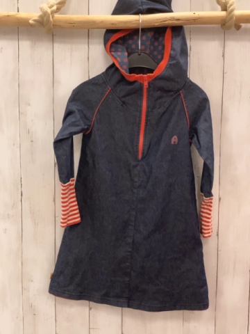 Albakid  Kleid  Gr. 110  blau Jeans Kapuze roter Bund + Reißverschluss rot weiß gestreifter Ärmelbund 