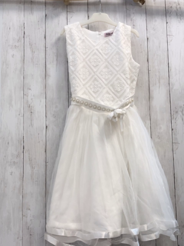   Kleid  Gr. 152  weiß Tüllüberkleid Blumenstickerei mit Rauten Gürtelband mit Rosette+ Steinen 