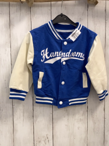   Sweatjacke  Gr. 86  blau weiße Schrift creme Ärmel weißer Streifenbund 