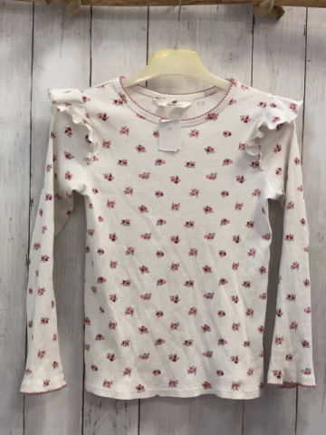 H&M  Langarmshirt  Gr. 134/140  weiß Rippen Blumen Rüschen an den Schultern 