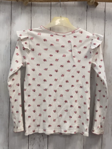 H&M  Langarmshirt  Gr. 134/140  weiß Rippen Blumen Rüschen an den Schultern 