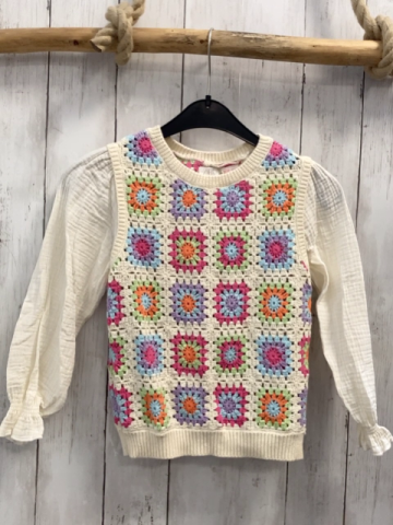 zara Bluse Gr. 116  weiß musselin + Häkelweste bunte Blumen