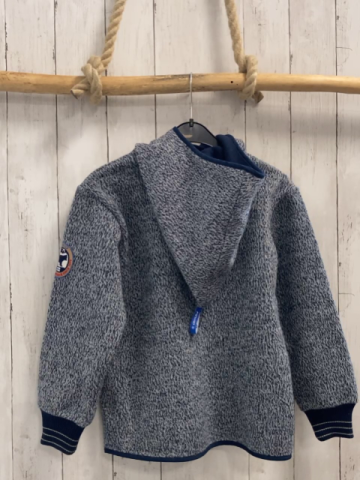 Finkid  Strickjacke  Gr. 128  hellblau grau hellgrau meliert blauer Bund Kapuze 55% Wolle