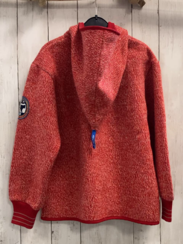 Finkid  Strickjacke  Gr. 128  rot weiß meliert roter Bund Kapuze 55% Wolle