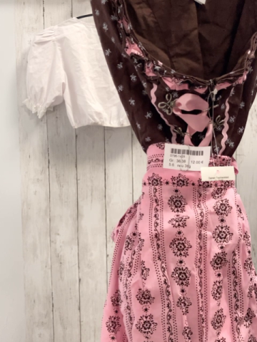 neu 3tlg  Trachtenkleid mit Schürze + Sommerbluse  Gr. 36/38  braun rosa mit weiß braunen Blumen 