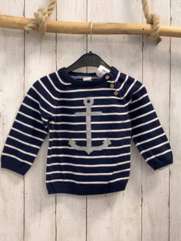 H&M  Pullover  Gr. 86  blau weiße Streifen Strick grauer Anker + Aufnäher 