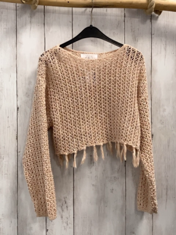 Zara  Pullover  Gr. 128  beige lachs meliert Strick Fransensaum 