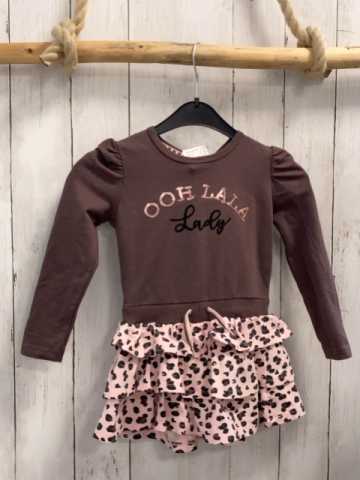 neu 2tlg Dirkje  Kleid + Stirnband  Gr. 98  braunes Oberteil mit Pailettenschrift rosa Rock mit schwarz braunem leoprint NP 27,99 € 