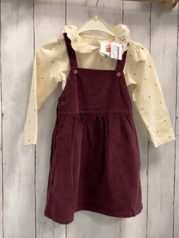 neu 2tlg  Langarmshirt + Trägerrock  Gr. 98  creme weinrote Punkte Rüschenkragen + weinrot Kord 