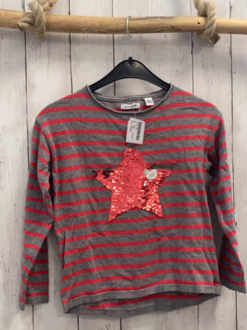 Okaidi Pullover Gr. 128  grau rot gestreift Pailettenstern Strick