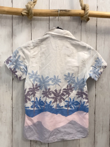 neu US Polo Assn  Sommerhemd  Gr. 110  weiß + rosa weiße Streifen + blaue weiße Streifen + hellblau graue Palmen 