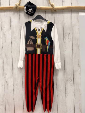 2tlg  Karnevalkostüm  Gr. 110  weiß + rot schwarz gestreifter Piratenoverall + schwarzes Tuch mit Totenkopf 