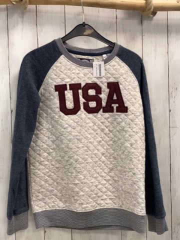  Pullover  Gr. 146/152  hellgrau weinrote Schrift blaue Ärmel blau hellgrauer Streifenbund 