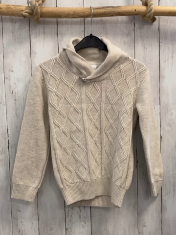   Pullover  Gr. 128  beige Streick Zöpfe großer Kragen 