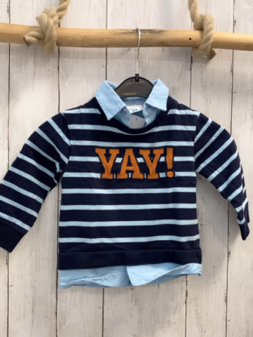   Langarmshirt  Gr. 86  blau hellblaue Streifen hellblauer Hemdkrage ocker Schrift 