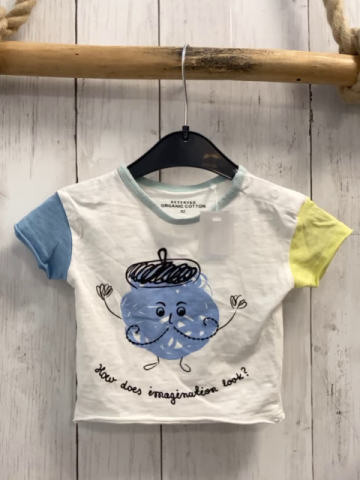 Reserved  T-Shirt  Gr. 62  weiß mint Bund gelb hellblaue Ärmel Figur Schrift 