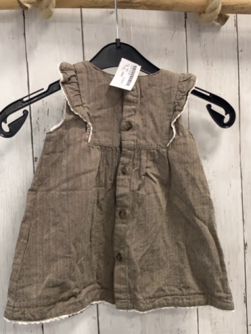 H&M  Kleid  Gr. 68  braun grau gemustert Rüschen + Saum mit weißer Häkelborte 