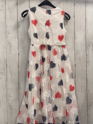   Kleid  Gr. 146/152  weiß zweilagig Lochstickerei grau weiß rote Herzen Gürtel +