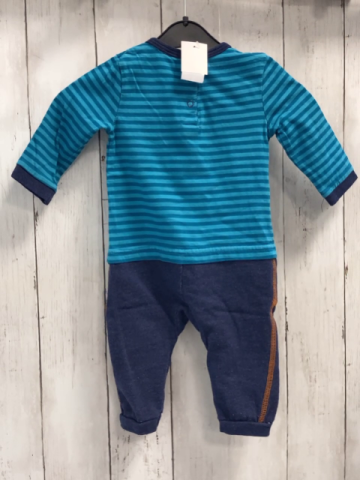   Overall Gr. 68  türkis petrol Streifen + blau mit orange Nähten Dino auf Skateboard