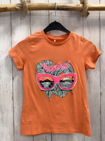 Name it  T-Shirt Gr. 122  orange pink Brille + Schrift mint Blätter 