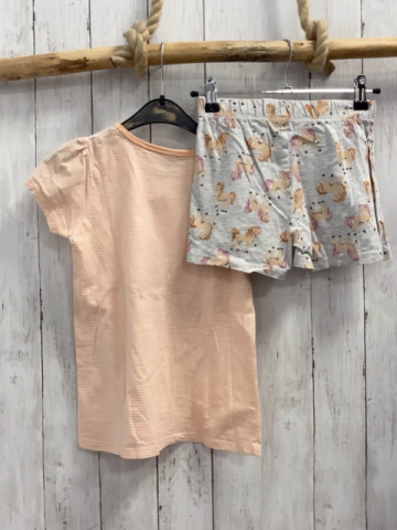 2tlg  T-Shirt + Shorts  Gr. 122/128  orange weiße Streifen Pferd Schrift 