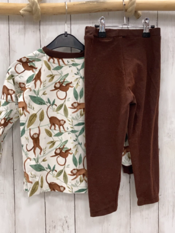 2tlg  Pullover + Leggings  Gr. 110  weiß Affen Blätter brauner Bund + braun 