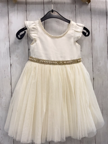 Couture Princess  Kleid  Gr. 98  champagner Tüllüberrock mit golden Glitzer Perlengürtelbereich + Ausschnitt 