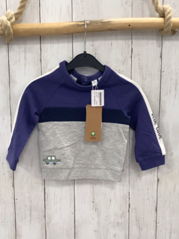 neu Manguun Pullover  Gr. 80  lila weiß blau grau mit Schrift + Fahrzeug 