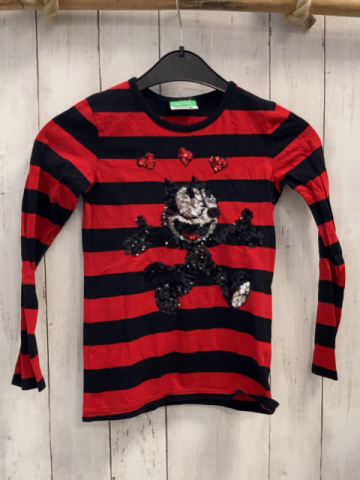 Benetton  Langarmshirt  Gr. 122  schwarz rote Streifen Pailettenkater + rote Herzen 