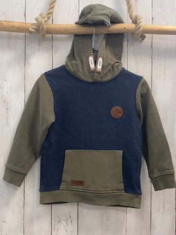  Pullover  Gr. 110  blau kiwi Ärmel Bauchtasche + Kapuze 