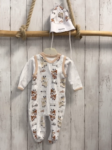 3tlg  Strampler + Sweatjacke + Mütze  Gr. 68  weiß Rehe beige Bund 