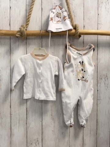 3tlg  Strampler + Sweatjacke + Mütze  Gr. 68  weiß Rehe beige Bund 