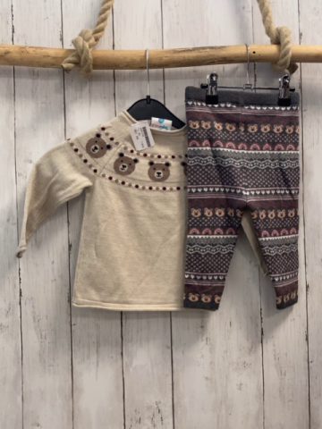2tlg  Pullover + Leggings  Gr. 80  beige grau mit Muster + Bärenköpfen Strick