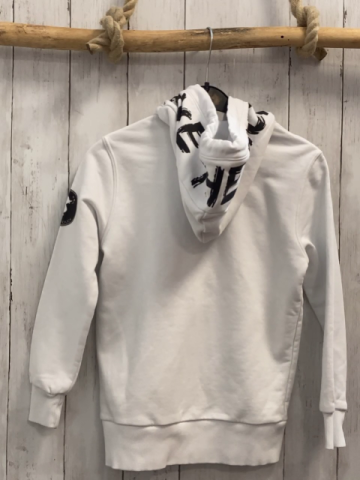 Save The Duck  Sweatjacke  Gr. 128  weiß Kapuze Schrift schwarzer Reißverschluss 