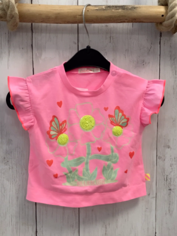 Billieblush  T-Shirt  Gr. 68  pink Blume mit hellgrünen Pailetten Schmetterlinge mit Glitzer 