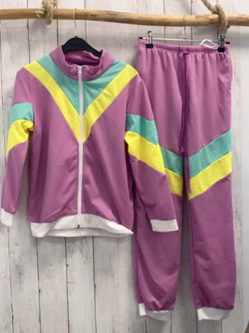 2tlg  Karnevalkostüm  Gr. 152/158  Jacke + Hose lavendel gelb mint Striefen + lavendel weßer Bund 