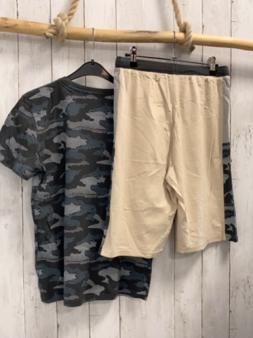 2tlg Next  T-Shirt  Shorts  Gr. 170  grau mit hellgrau blauem Druck + beige grau hellgrau grauem ruck 